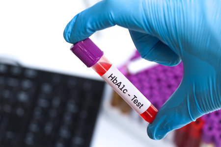 HbA1c test from blood , Blood samples to be analyzed in the laboratory, red blood in test tubeの写真素材