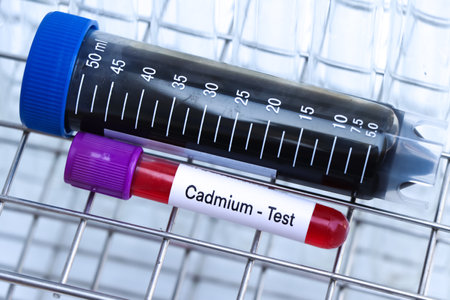 Cadmium test to look for abnormalities from blood,  blood sample to analyze in the laboratory, blood in test tubeの写真素材