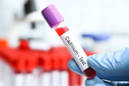 Cadmium test to look for abnormalities from blood,  blood sample to analyze in the laboratory, blood in test tubeの写真素材