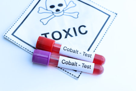 cobalt test to look for abnormalities from blood,  blood sample to analyze in the laboratory, blood in test tubeの写真素材