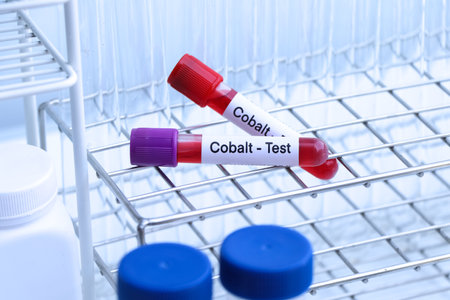 cobalt test to look for abnormalities from blood,  blood sample to analyze in the laboratory, blood in test tubeの写真素材