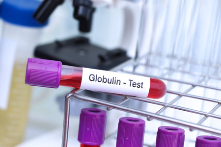 Globulin test to look for abnormalities from blood,  blood sample to analyze in the laboratory, blood in test tubeの写真素材
