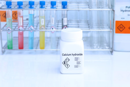 Calcium hydroxide in bottle , chemical in the laboratory and industry, Chemicals used in the analysisの写真素材