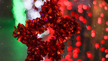 Christmas decorations and white snow, light background, winter festivalの写真素材