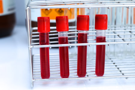blood sample to analyze in the laboratory, blood in test tubeの写真素材