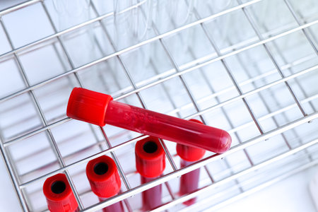 blood sample to analyze in the laboratory, blood in test tubeの写真素材