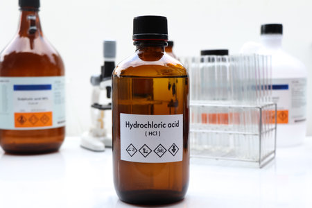 hydrochloric acid in bottle , chemical in the laboratory and industry, Chemical used in the analysisの写真素材