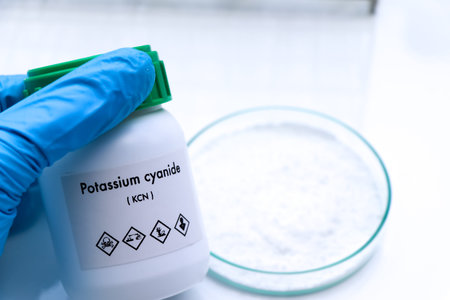 potassium cyanide in bottle , chemical in the laboratory and industry, Chemical used in the analysis