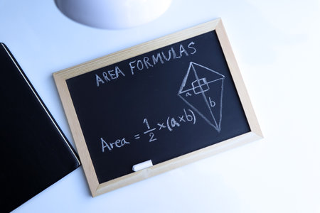 Blackboard with hand written geometry area formulas and geometric shapes and figuresの写真素材
