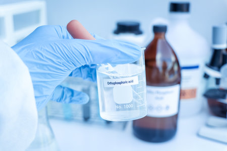 ortho phosphoric acid in bottle , chemical in the laboratory and industry, Chemical used in the analysisの写真素材