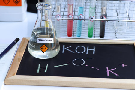 potassium hydroxide and symbol structural formula chemical on the blackboard