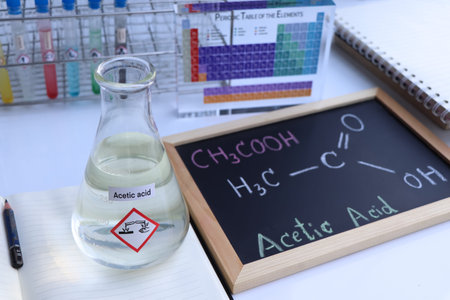 acetic acid and symbol structural formula chemical on the blackboard