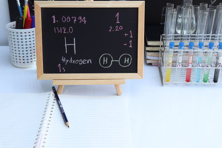 Hydrogen and symbol structural formula chemical write on the blackboard, Chemistry in the classroomの写真素材