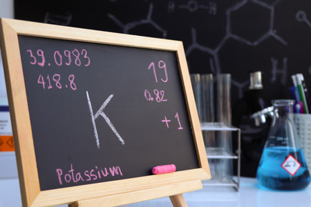 potassium and symbol structural formula chemical write on the blackboard, Chemistry in the classroomの写真素材