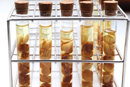 Yellow oil extracted from natural raw material, laboratory experimentの写真素材