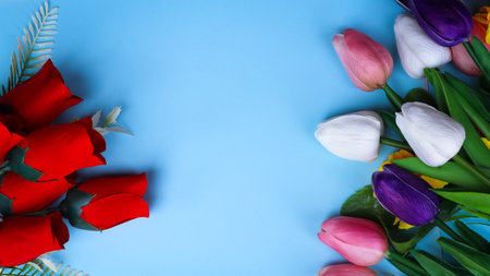 plastic flower for decoration, flowers on the background and free spaceの写真素材