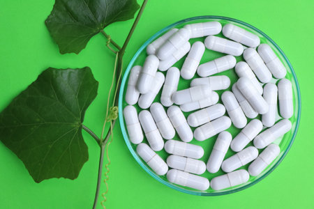 herbal pills or vitamins and green leaf, bio supplement, eco friendlyの写真素材