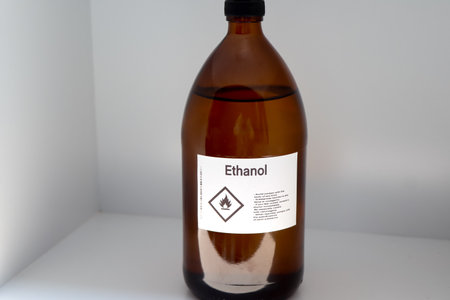 Ethanol in glass,Hazardous chemicals and symbols on containers in industry or laboratoryの写真素材