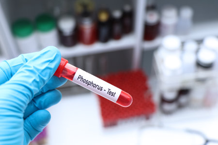 Phosphorus test to look for abnormalities from blood,  blood sample to analyze in the laboratory, blood in test tubeの写真素材