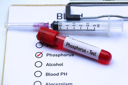 Phosphorus test to look for abnormalities from blood,  blood sample to analyze in the laboratory, blood in test tubeの写真素材