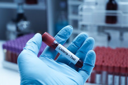 Listeria test to look for abnormalities from blood,  blood sample to analyze in the laboratory, blood in test tubeの写真素材