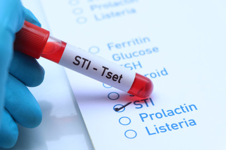 STI test to look for abnormalities from blood,  blood sample to analyze in the laboratory, blood in test tubeの写真素材