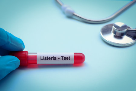 Listeria test to look for abnormalities from blood,  blood sample to analyze in the laboratory, blood in test tubeの写真素材