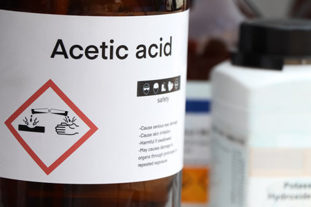 acetic acid, Hazardous chemicals and symbols on containers, chemical in industry or laboratoryの写真素材