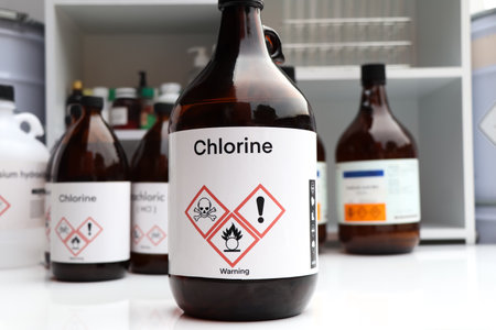 chlorine, Hazardous chemicals and symbols on containers, chemical in industry or laboratoryの写真素材