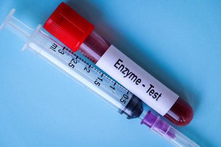 Enzyme test, blood sample to analyze in the laboratory, blood in test tubeの写真素材