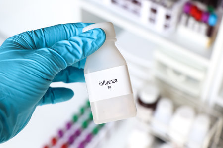 influenza pill in white bottle, pill stock, medical or pharmacy conceptの写真素材