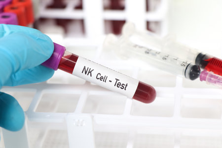 NK Cell test, blood sample to analyze in the laboratory, blood in test tubeの写真素材