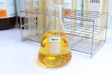 Gear oil in container, science experiment concept, oil for industrial useの写真素材