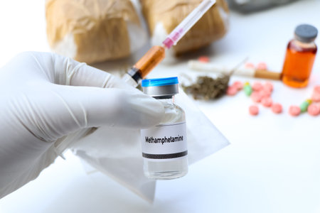 Methamphetamine in a vial, narcotics are dangerous to health or brain nervous system