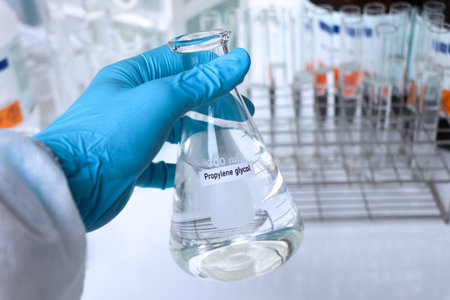 Propylene glycol in container, chemical analysis in laboratory, chemical raw materials in industryの写真素材