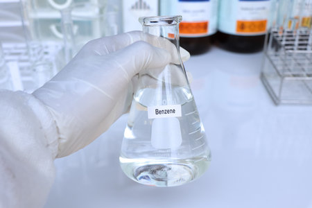 Benzene in container, chemical analysis in laboratory, chemical raw materials in industryの写真素材