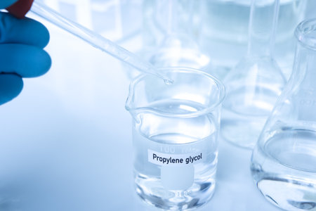 Propylene glycol in container, chemical analysis in laboratory, chemical raw materials in industryの写真素材
