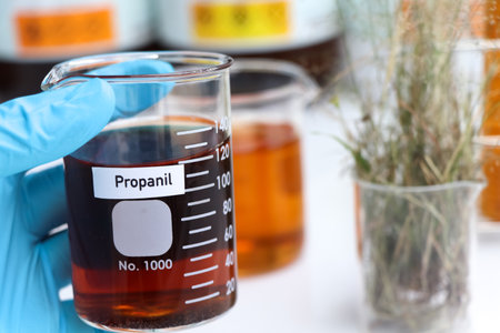 Propanil in glass, Herbicides are used to manage wasteland or control weeds in agriculture, laboratory experimentの写真素材