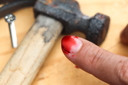 Accidents with hammers and nails cause hands to hurt and bleed, work accidentの写真素材