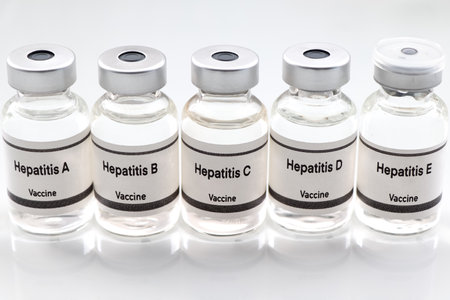 Hepatitis vaccine in a vial, immunization and treatment of infection, scientific experimentの写真素材