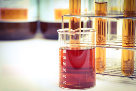 Yellow chemical experiment in the laboratory, Chemicals used in industry, clean energyの写真素材