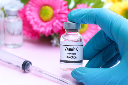 Vitamin C in a vial, Substances used for injection to treat or medical beauty enhancement, beauty productの写真素材