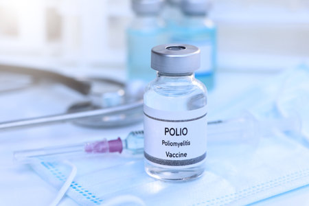 POLIO vaccine in a vial, immunization and treatment of infection, scientific experimentの写真素材