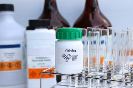 Chlorine in chemical container , chemical in the laboratory and industry, Raw materials used in production or analysisの写真素材