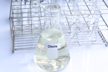 Chlorine in chemical container , chemical in the laboratory and industry, Raw materials used in production or analysisの写真素材