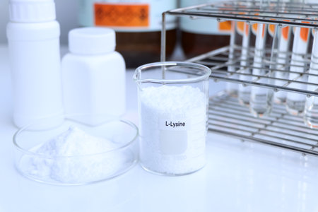 L-Lysine powder in chemical container , chemical in the laboratory and industry, Raw materials used in production or analysisの写真素材