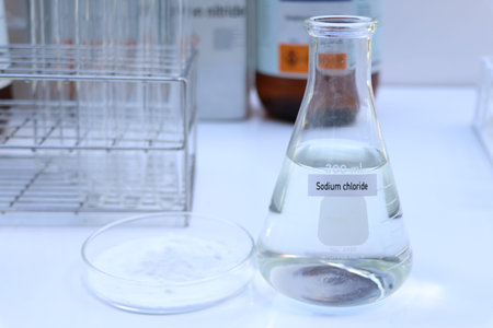 Sodium chloride in chemical container , chemical in the laboratory and industry, Raw materials used...