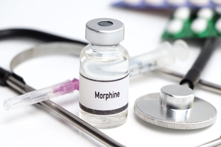 Morphine in a vial, narcotics are dangerous to health or brain nervous systemの写真素材