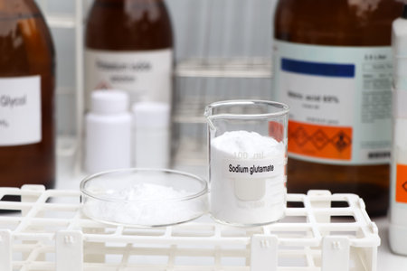 Sodium glutamate in chemical container , chemical in the laboratory and industry, Raw materials used in production or analysisの写真素材