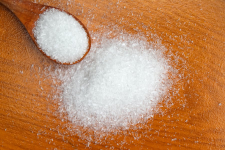 Monosodium glutamate on wood, Chemicals are used as raw material, Use for cooking or experimentingの写真素材
